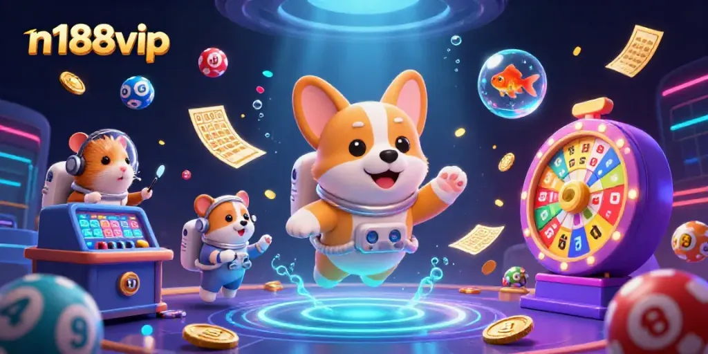 Engage with n188vip's vibrant 3D casino world featuring floating corgi and dynamic lottery action.