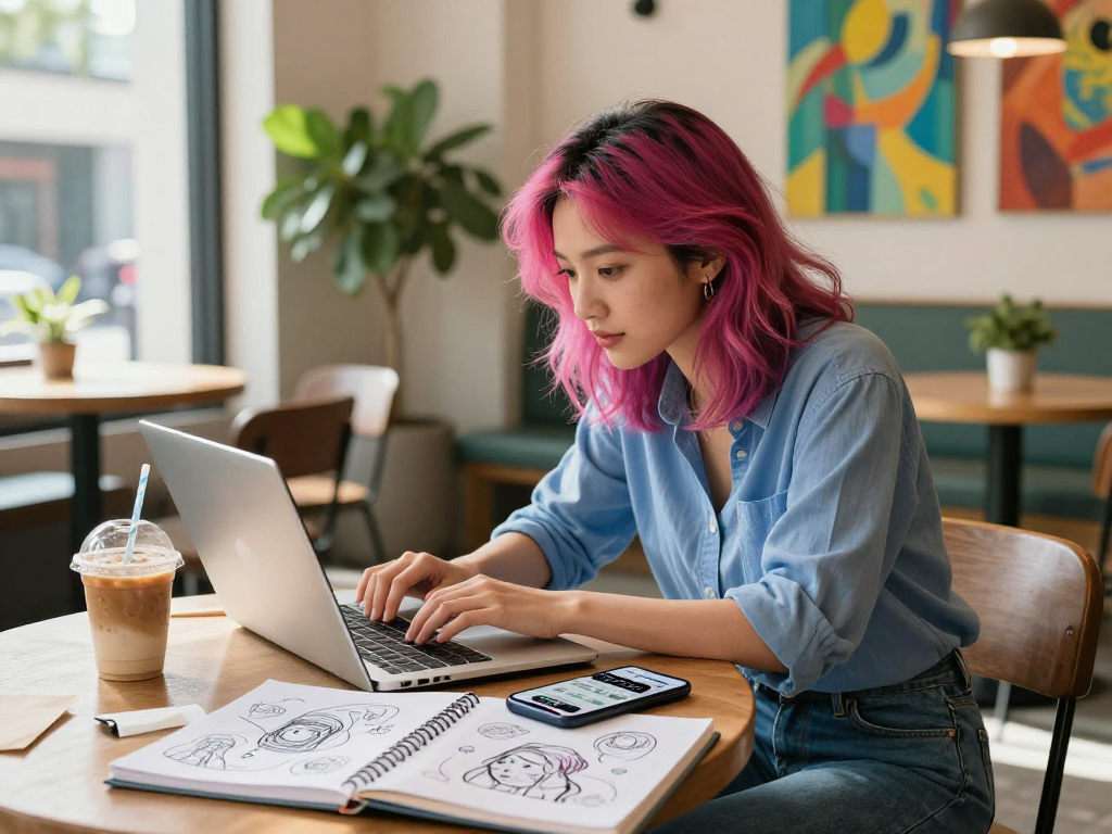 Young woman creating AI-driven content in an urban café, embodying the concept of an ai slut in a vibrant and creative workspace.