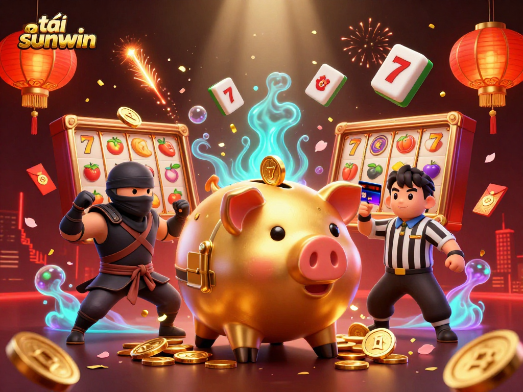 Join the action with tải sunwin in this vibrant 3D casino scene featuring characters and lucky icons.
