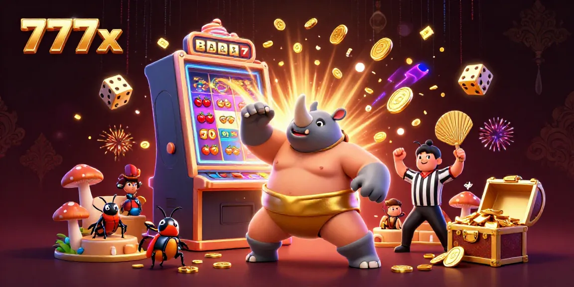 Engaging scene of 777x featuring a rhinoceros beetle champion amidst a jackpot explosion and casino ambiance.