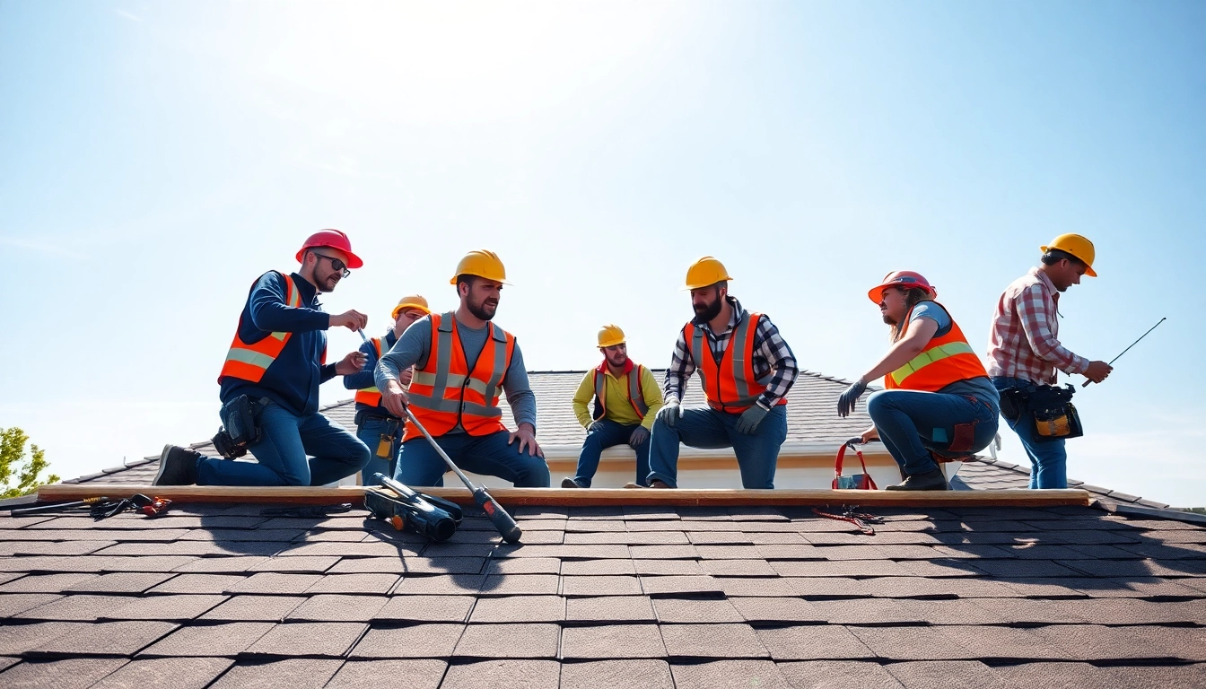 Roofing company team expertly installing residential roofing with safety gear visible.
