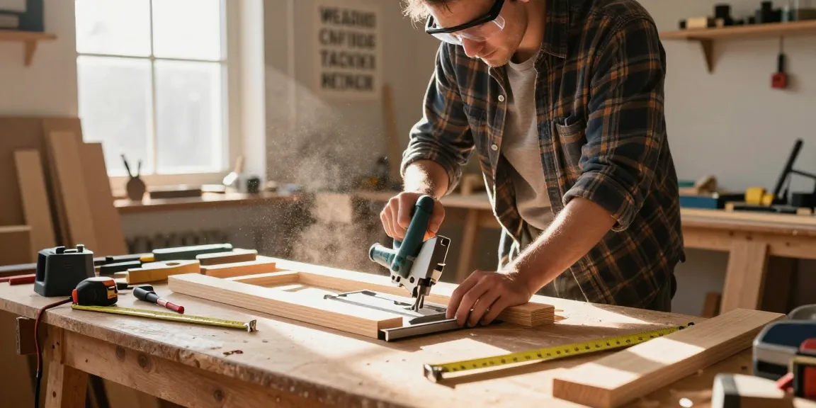 Skilled carpenter using a hand mitre saw for precise wood cuts in a sunlit workshop.
