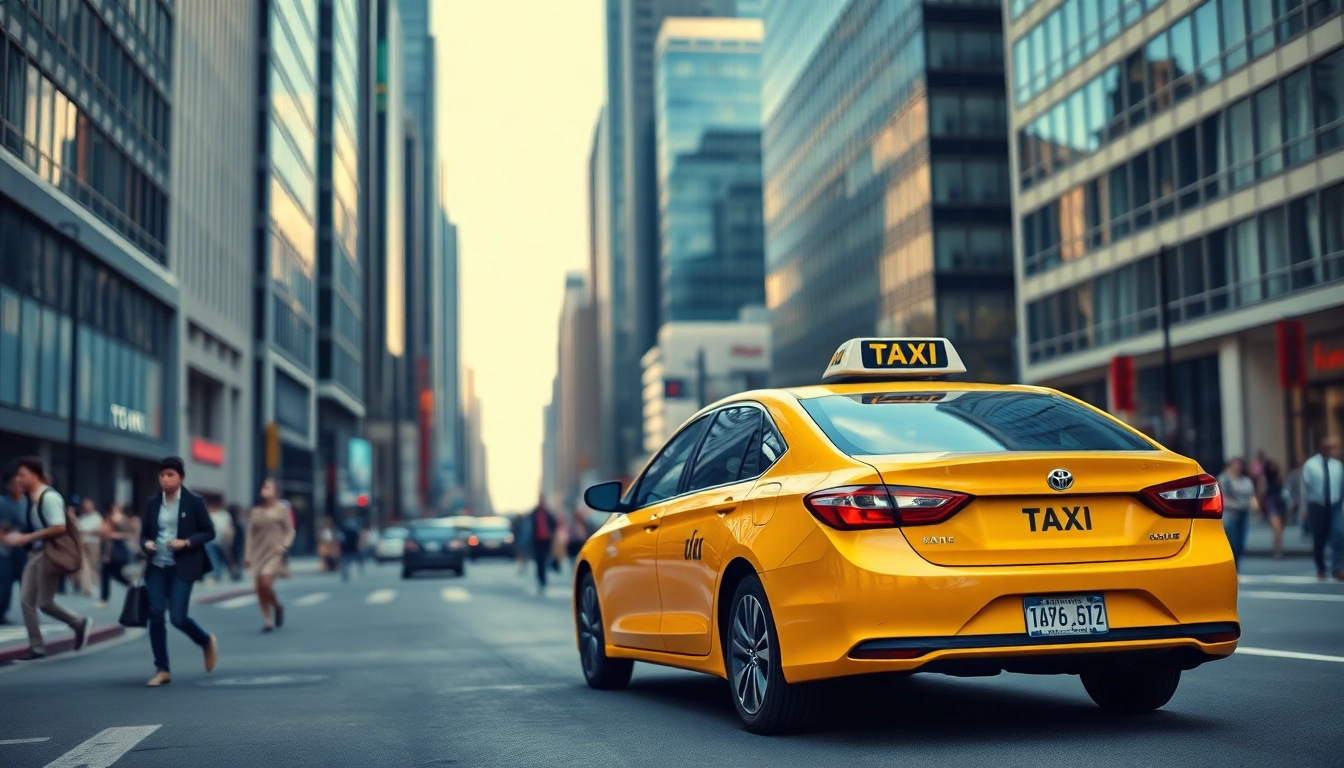 Taxi driving through a busy city street with skyscrapers in the background