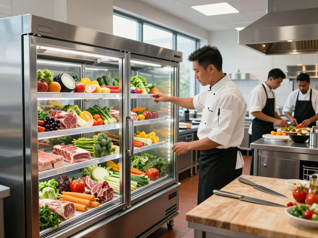 Commercial refrigeration setup in a bustling restaurant kitchen showcasing fresh ingredients and dynamic staff collaboration.