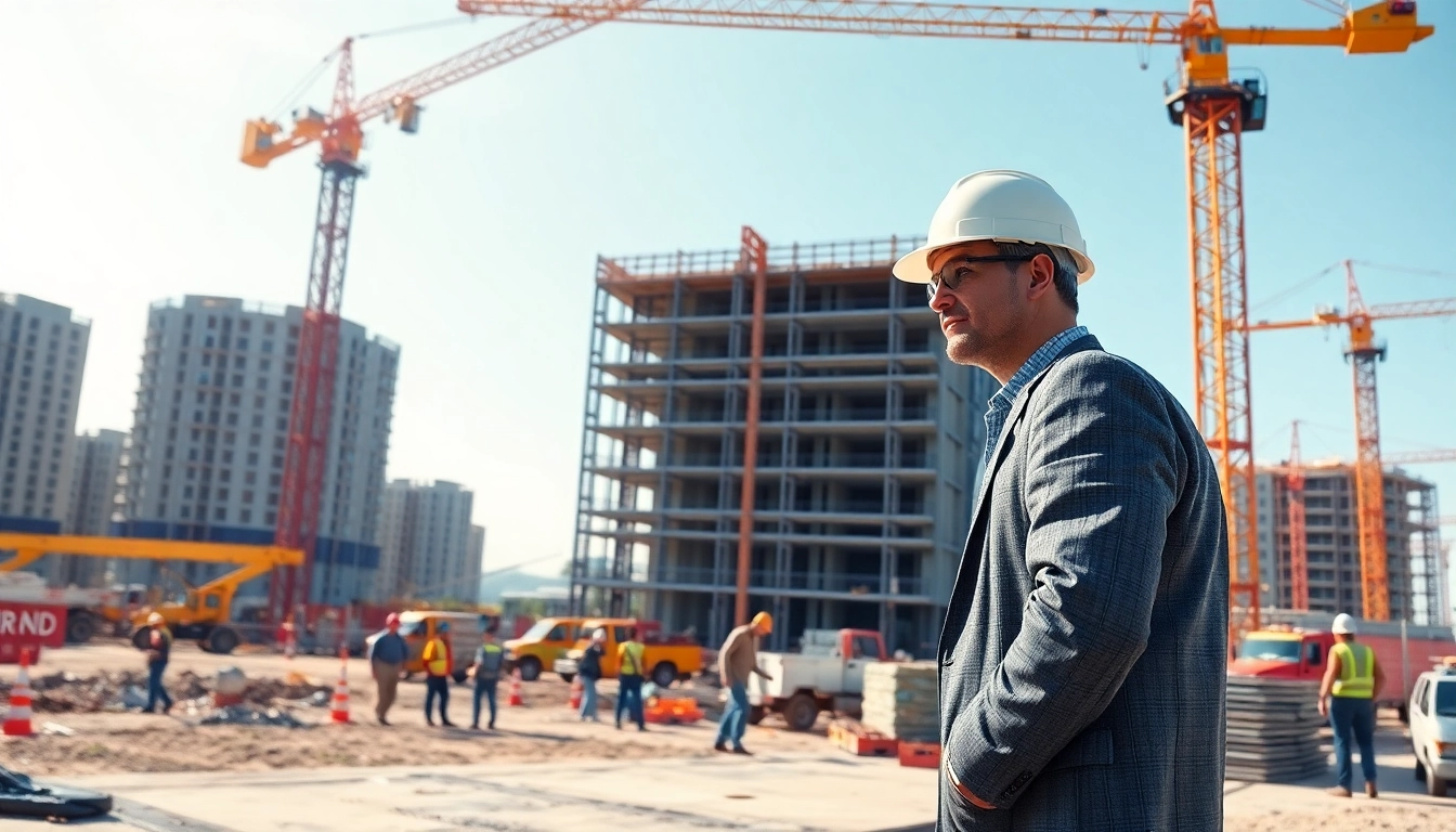 New Jersey Construction Manager supervising building activity on a busy construction site.