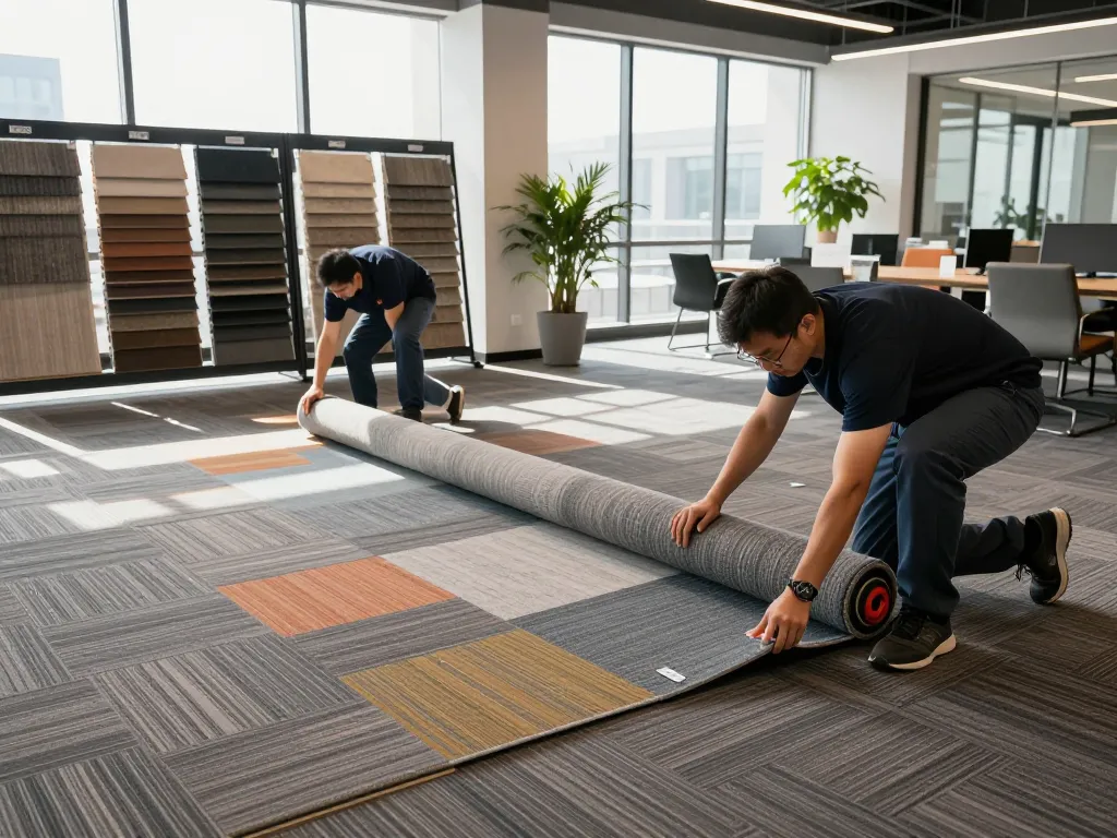 Professional team performing commercial carpet installation in a bright office setting with diverse color options.