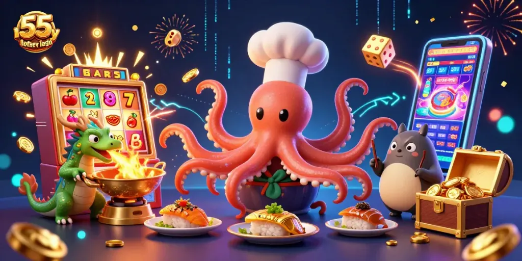 Engage with the vibrant world of 55 lottery login through this dynamic casino illustration featuring exciting gaming elements.