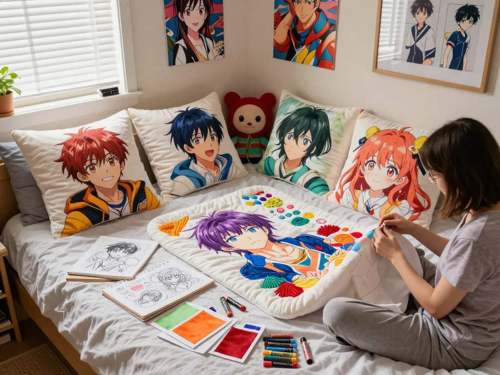 Cozy bedroom with vibrant dakimakura pillows, person crafting a character cover amidst art supplies.