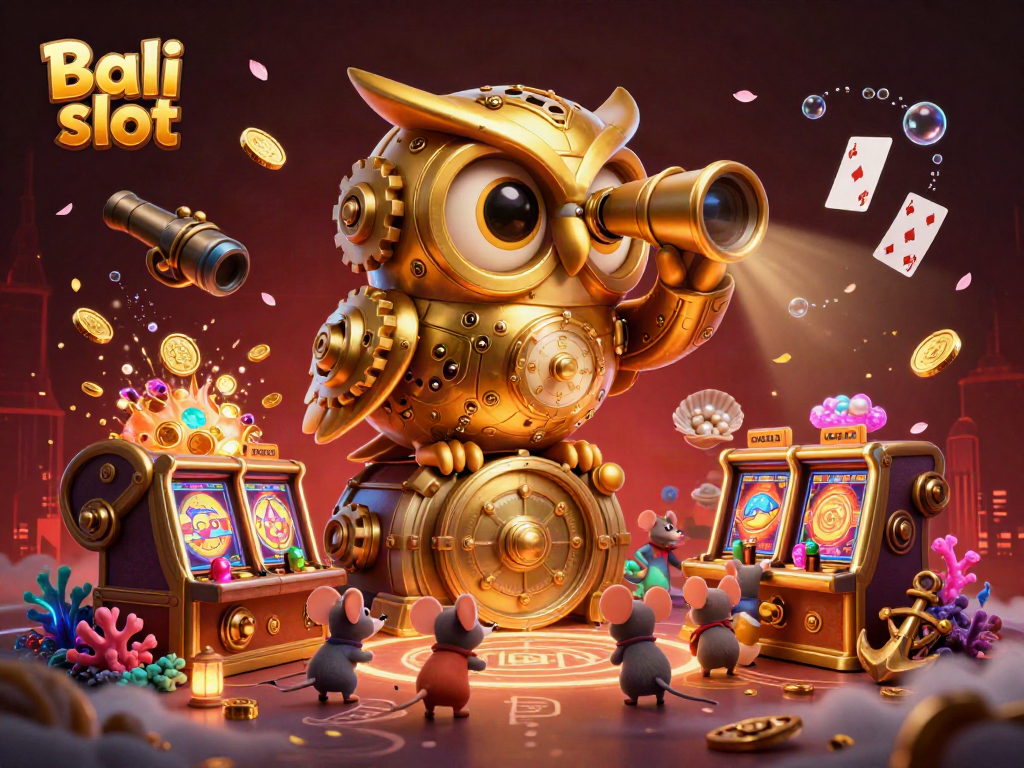 Experience thrilling Bali slot action with a golden owl overseeing a vibrant casino scene filled with lively elements and treasures.
