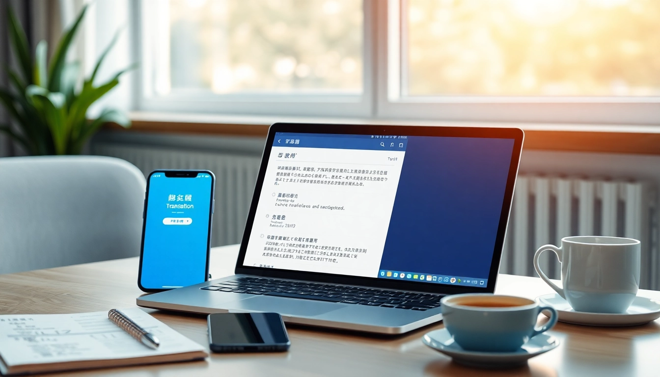 Engaging workspace with 有道 translation app on laptop, showcasing technology and learning.