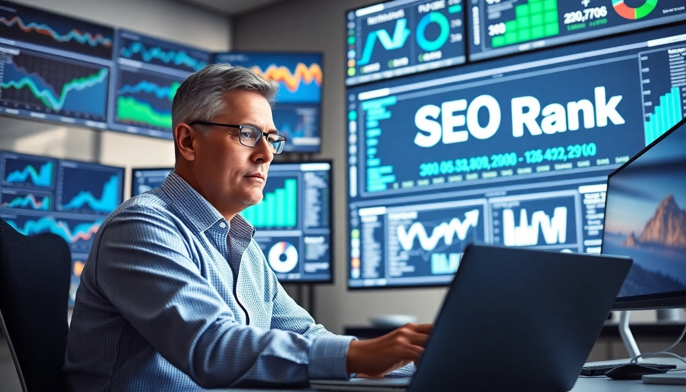 Analyze SEO Rank trends with a data-driven professional at a modern workspace.