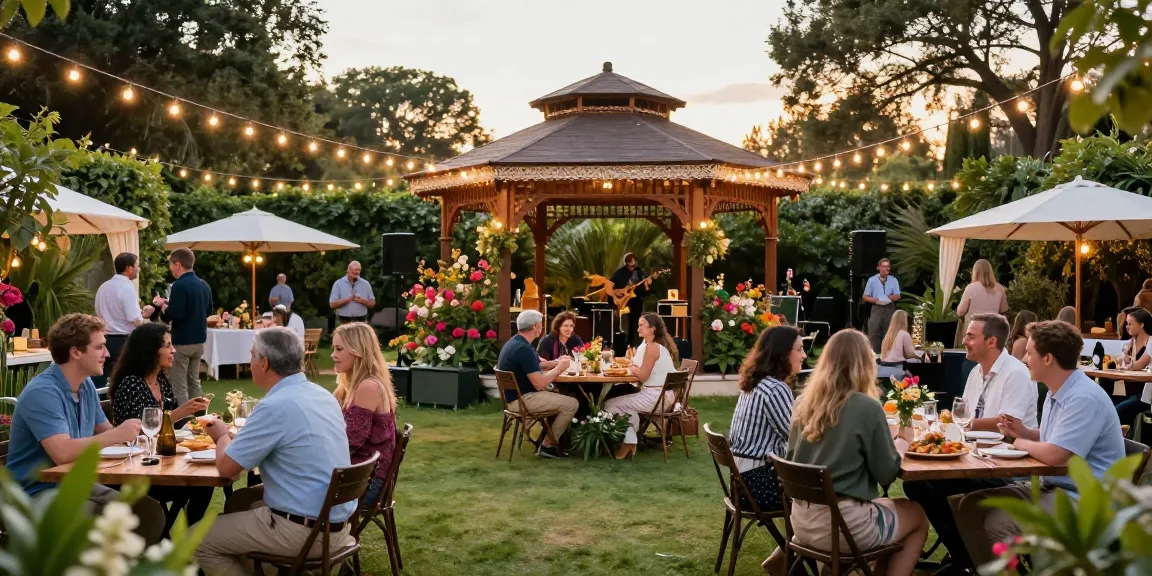 Gazebo hire setup for outdoor garden party from https://www.gazebohirelondon.co.uk/ featuring diverse guests enjoying food and drinks under colorful decorations.