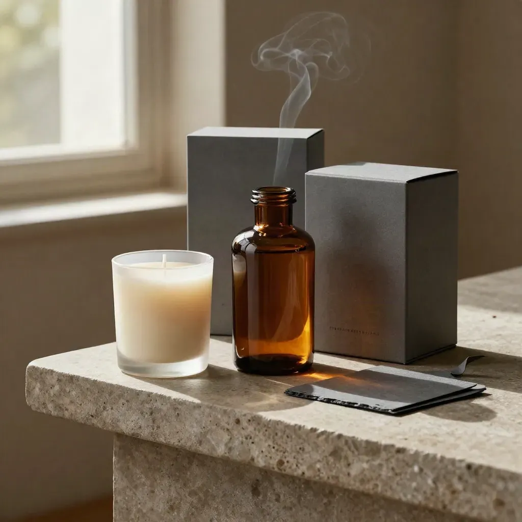 Amber bottle, candle jar, and matte box on a stone plinth in dramatic product light.