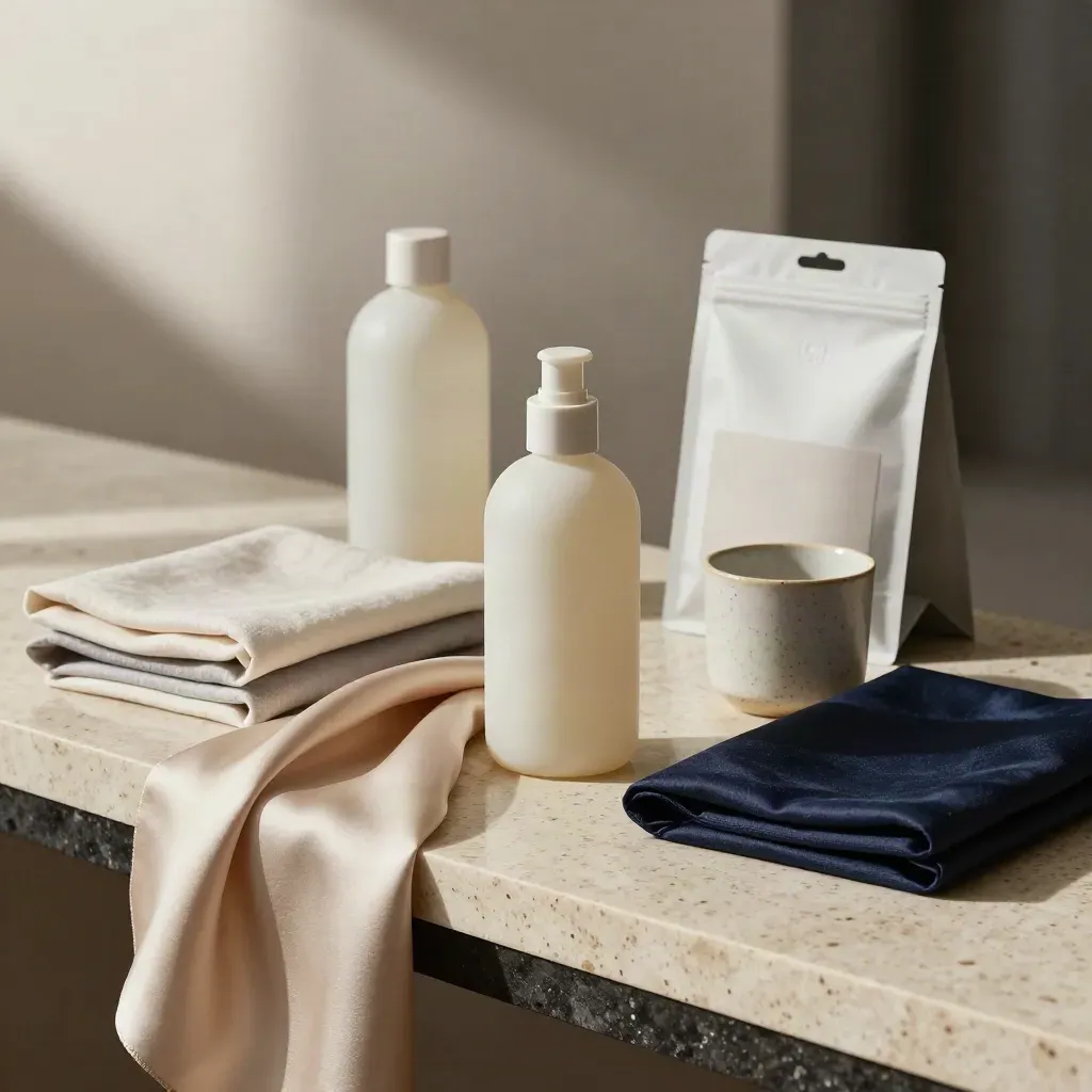 Travertine styling bench with product bottles, fabric swatches, cup, and sample packaging
