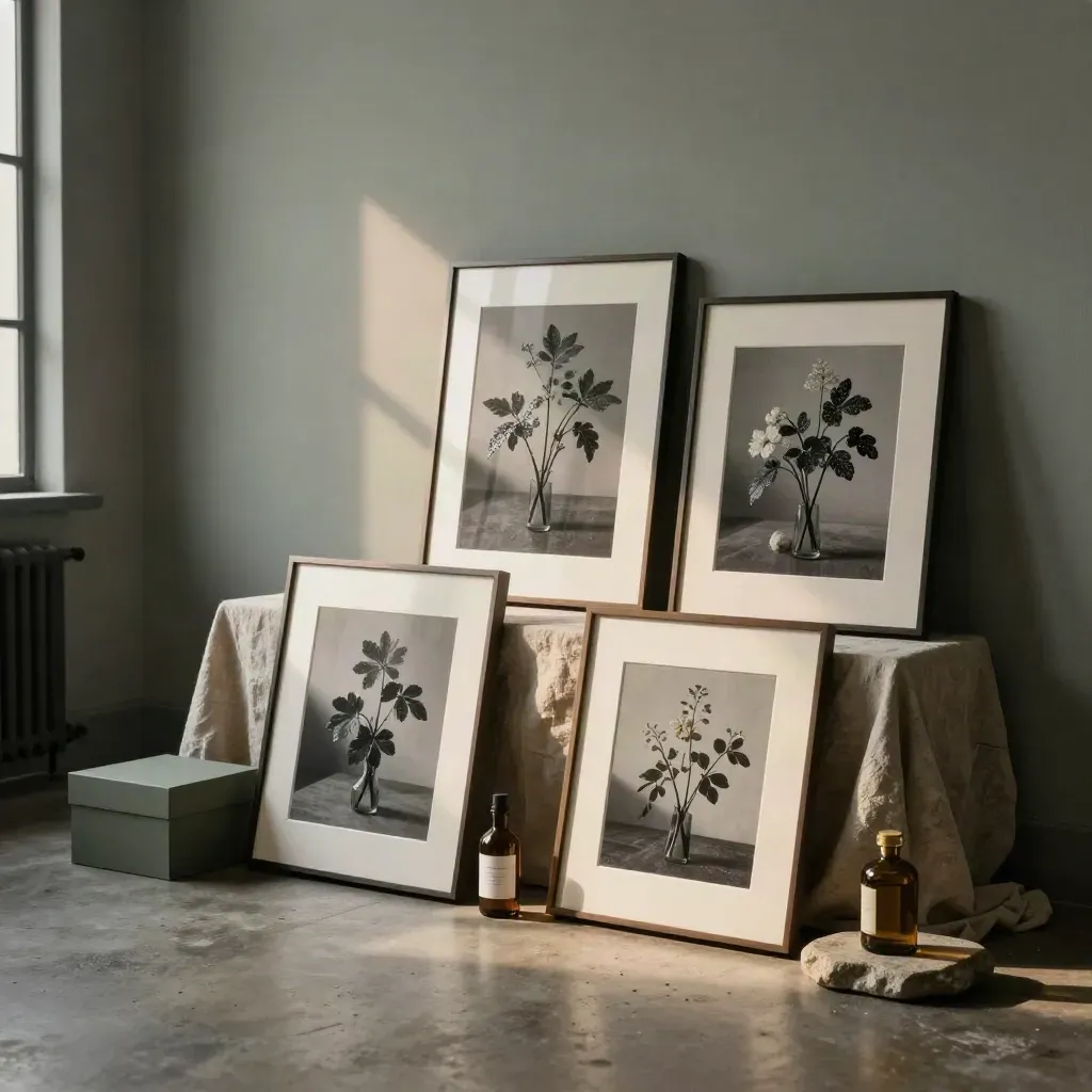 Studio still life with framed prints, pedestal, bottle and florals in warm gold light.
