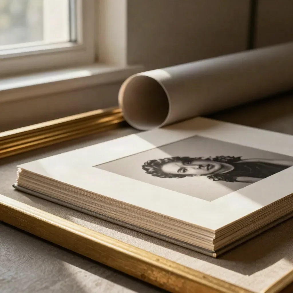 Gold-framed portrait prints, linen album and backdrop roll in warm studio light.