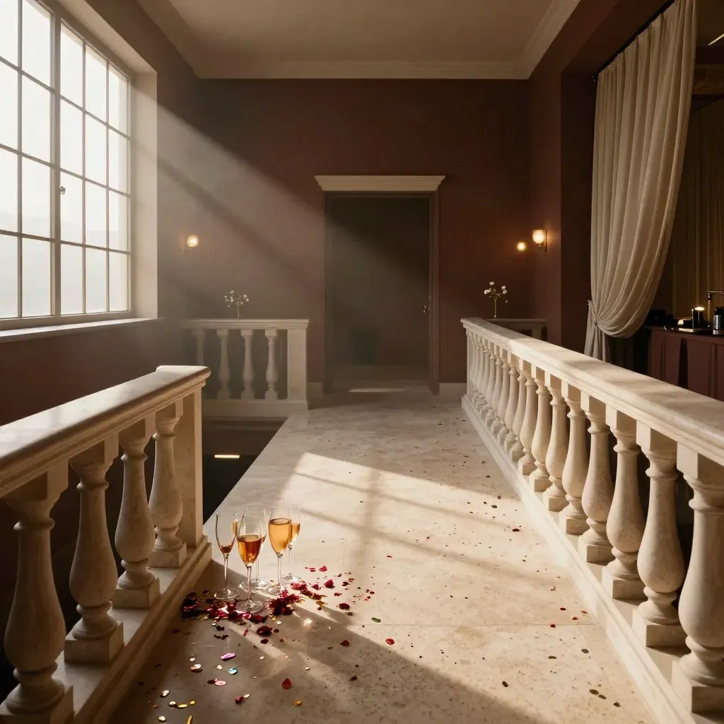 Empty launch room with uplights, champagne coupes, floral stems, and confetti from a balcony view.