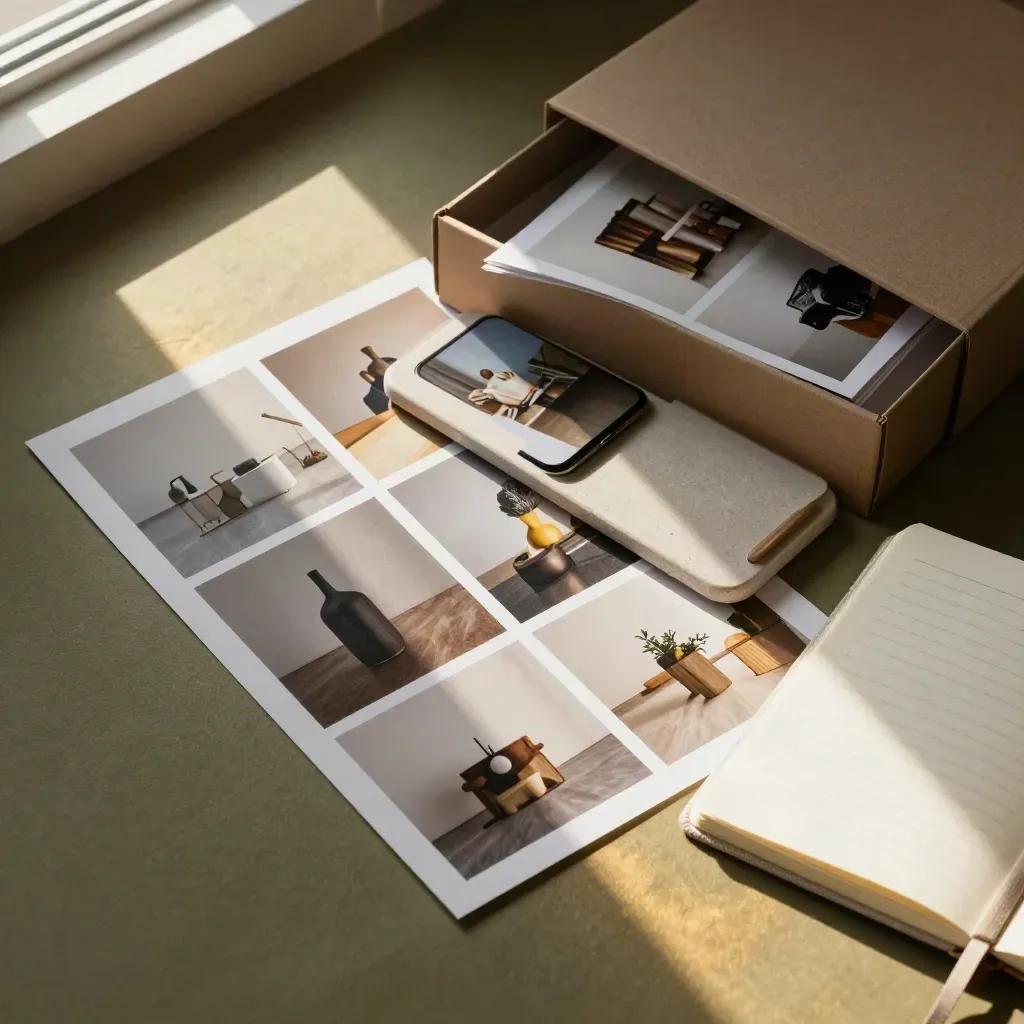 Overhead print tiles, phone cradle and closed notebook on a dark olive surface in cinematic light