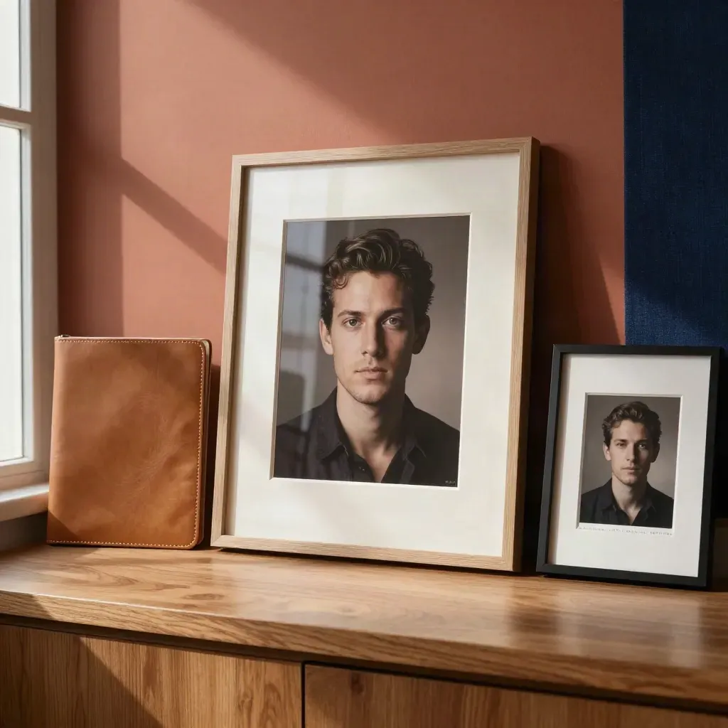 Framed headshot diptych with linen mat and leather folio on a warm console in soft window light