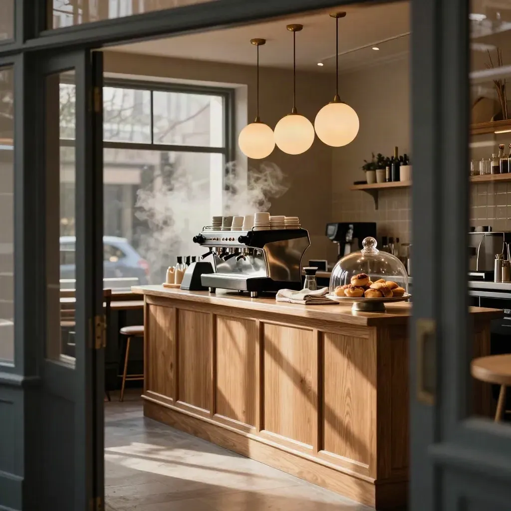 Juniper Room cafe interior with oak counter, espresso machine, pastry dome and warm pendant glow