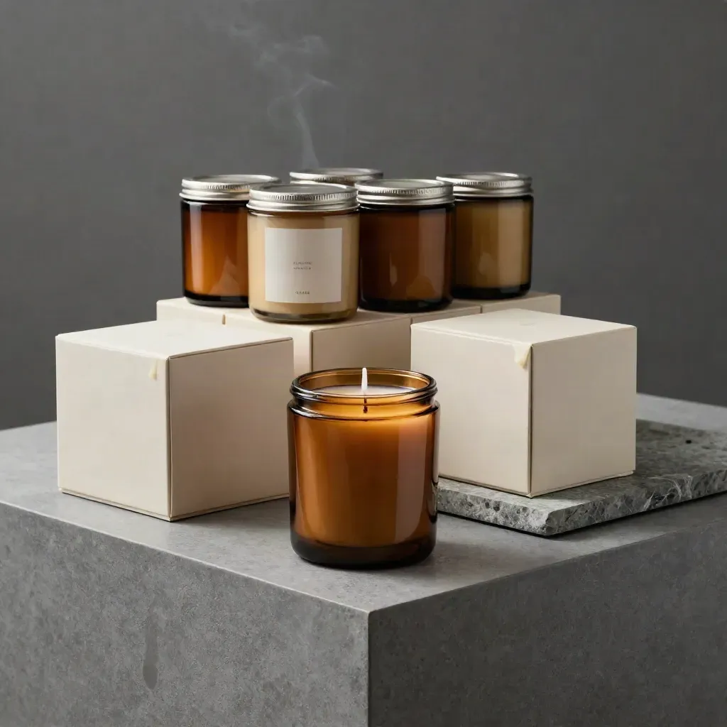 Candle jars and boxes on a stone tray with soft smoke in moody clean light