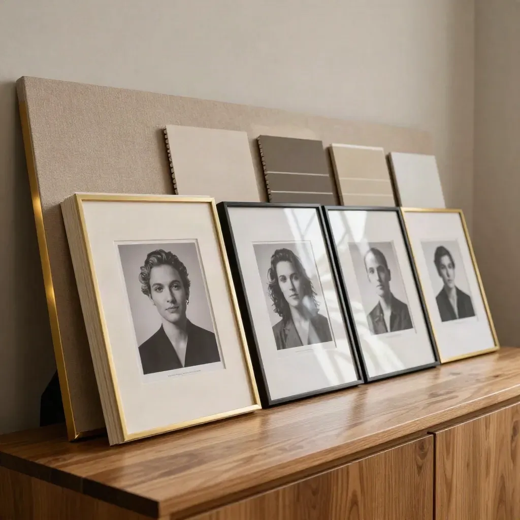 Framed portrait proofs, matte folders and backdrop swatches in a calm office display.