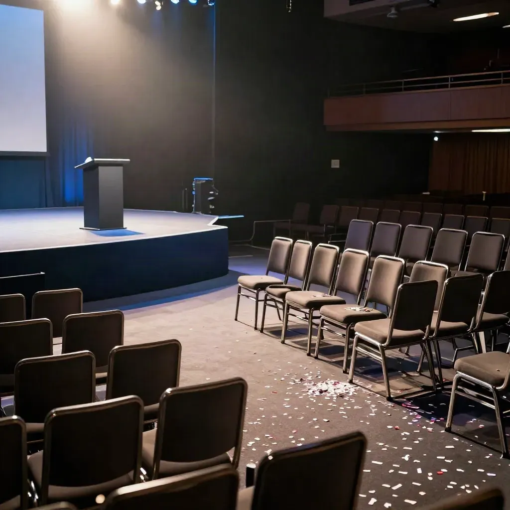 Empty Leeds conference stage with uplights, lectern, stacked chairs, and confetti under haze