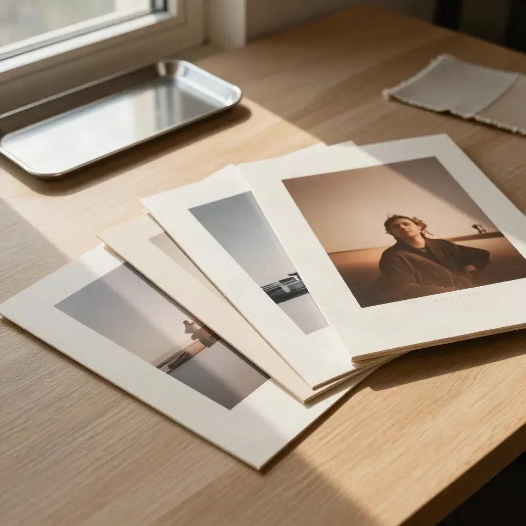 Top-down fan of proof prints and ivory presentation pieces on a warm studio table