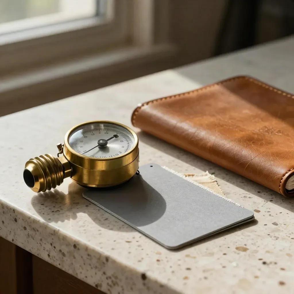 Brass light meter with grey card, leather notebook and linen swatch on travertine