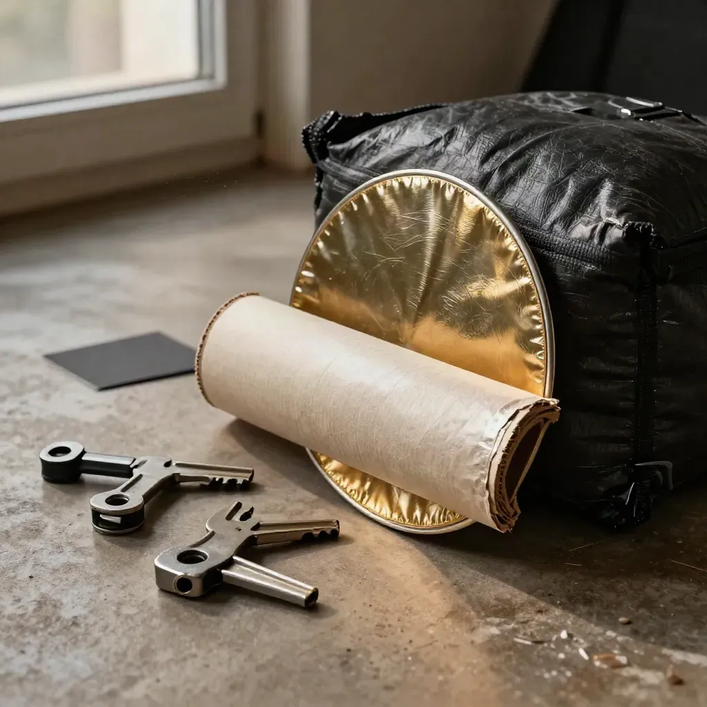 Studio grip tools on a dark floor: reflector disc, sandbag, clamps, paper core.