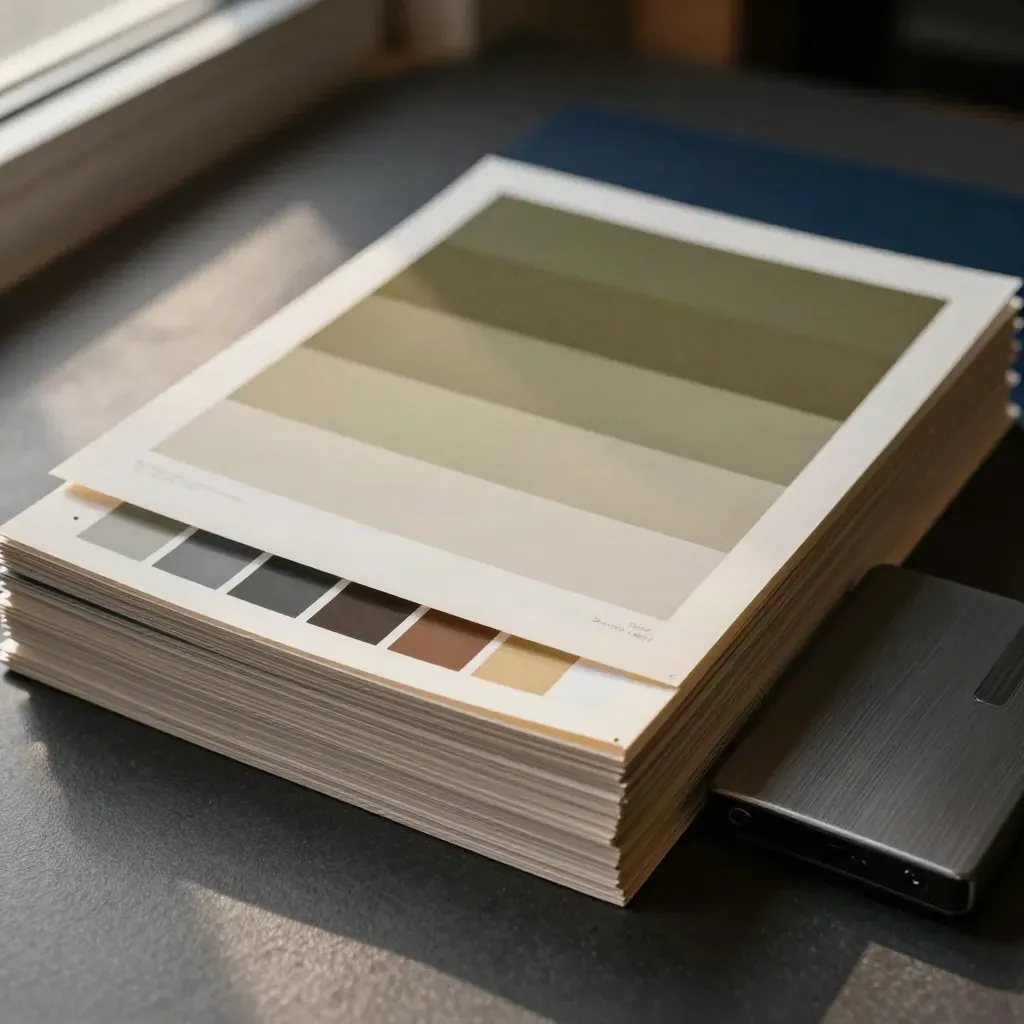 Colour-graded proof prints, sleeves, calibration strip and hard drive on a dark proofing bench.