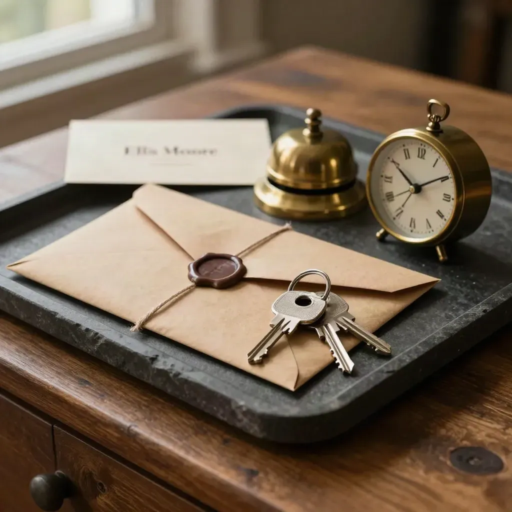 Client handoff kit on a dark stone tray with brass bell, clock, keys and sealed envelope.