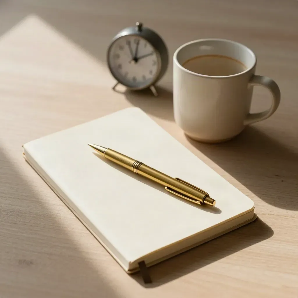 Overhead still life of notebook, brass pen, mug and clock on pale wood.