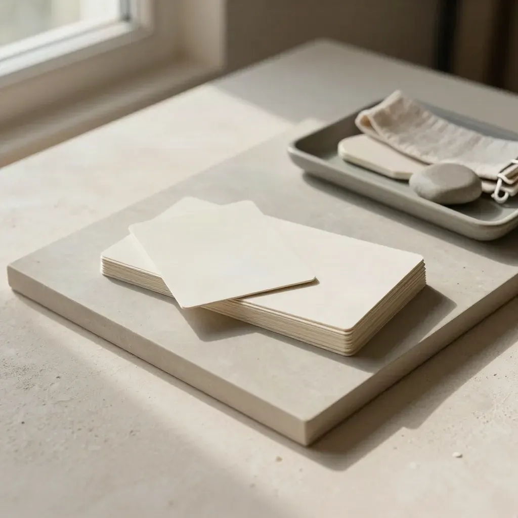 Swatch board, blank cards and neutral props on pale plaster, lit softly from one side.