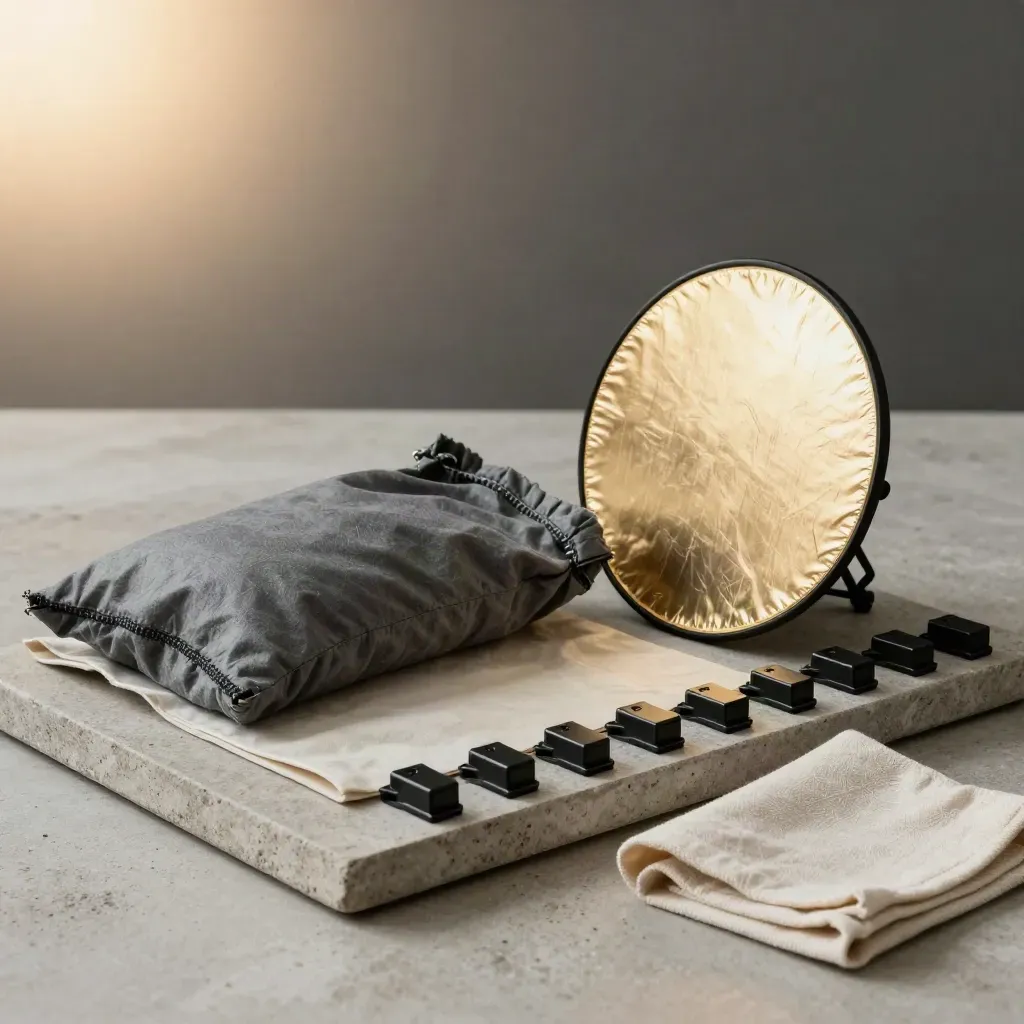 Styled tray of shoot kit: backdrop sweep, sandbag, reflector disk, and clamps on stone.