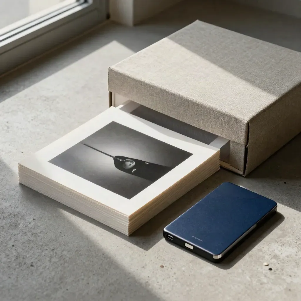 Sealed gallery box with archival sleeves, proof prints, and hard drive on concrete.