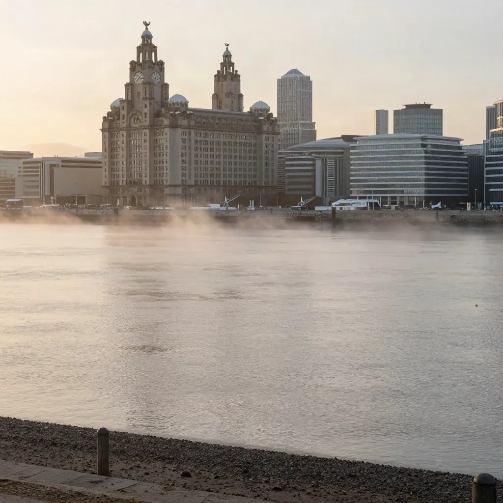 Liverpool waterfront at dawn, Pier Head high in mist over calm Mersey water.