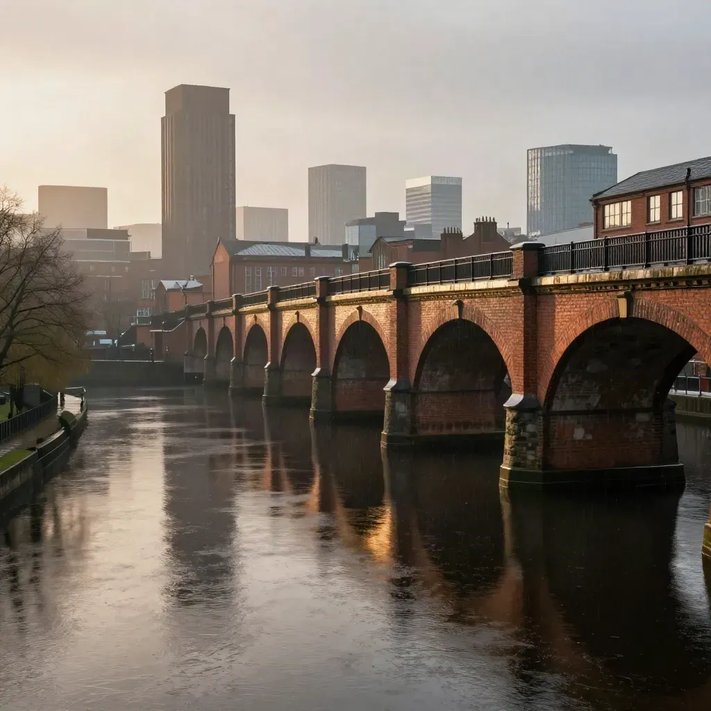Manchester and Salford skyline reflected in still canal water at golden blue hour.