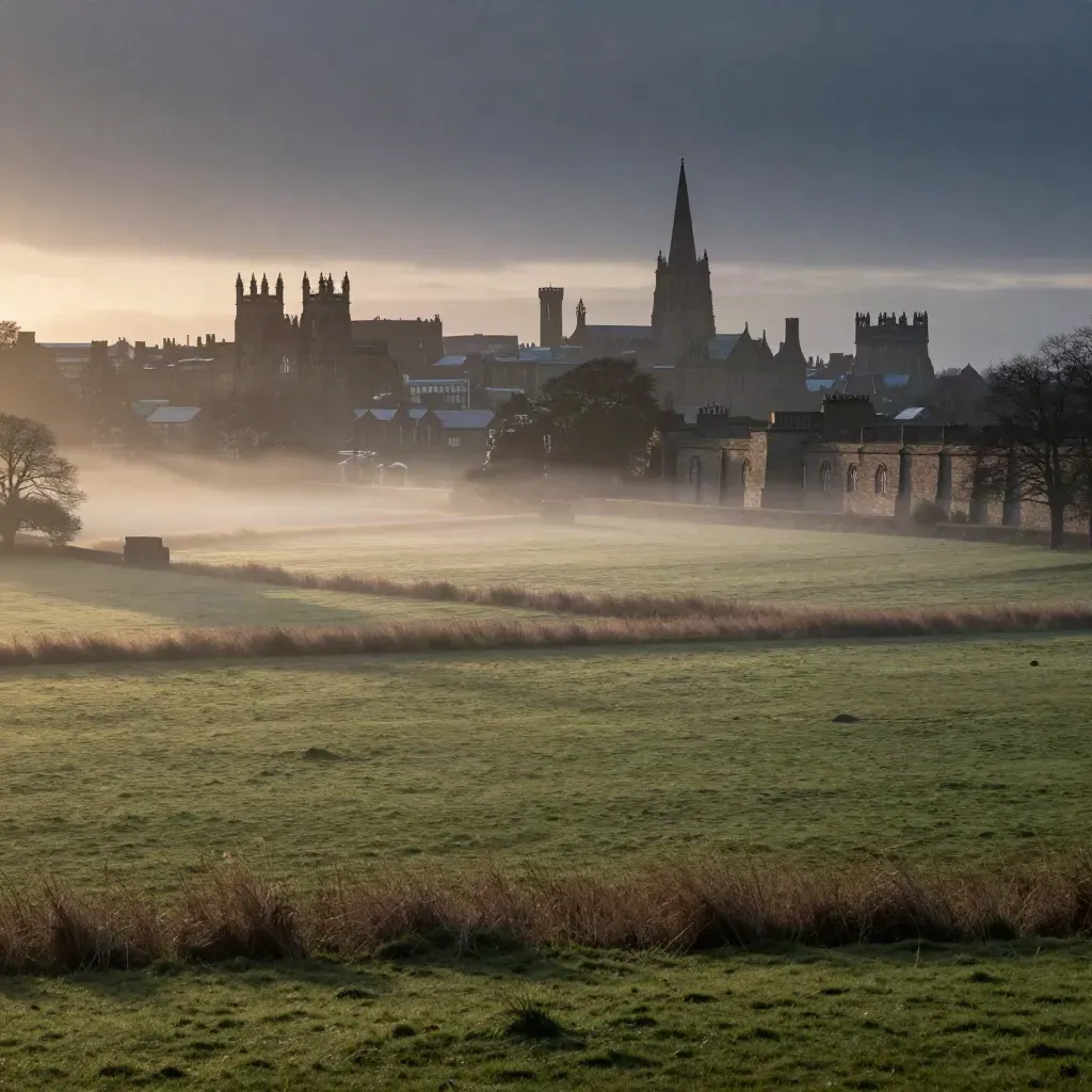 Chester skyline with cathedral spire above misty Dee meadows at sunrise