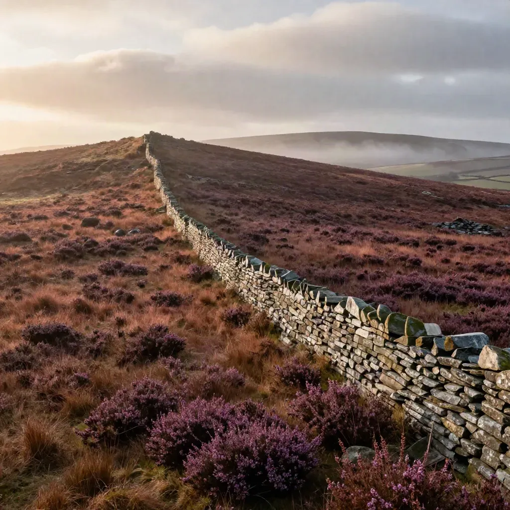 Storm-bright sunrise over North West England moorland with heather, a stone wall, and misty ridges.