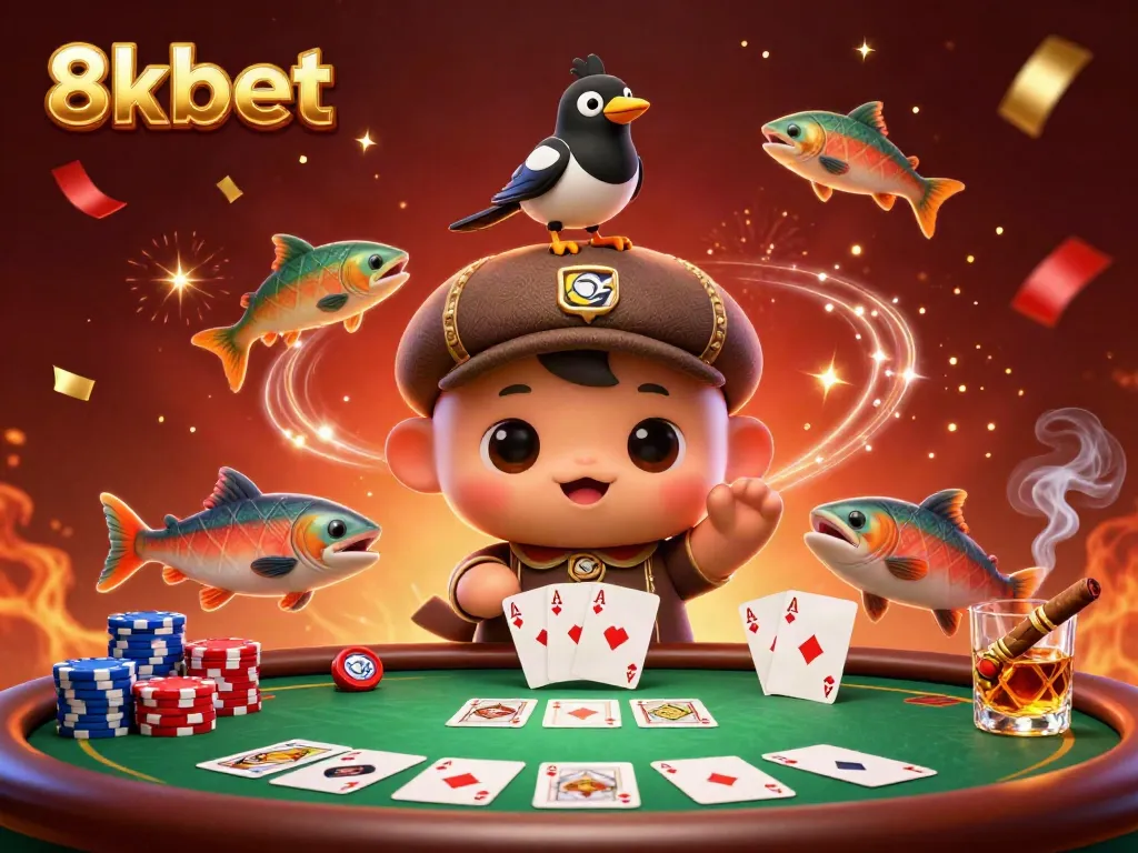 Experience thrilling wins at 8xbet with playful characters in a vibrant casino scene.