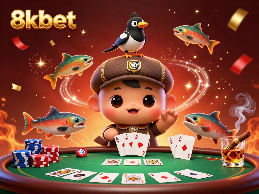 Experience thrilling wins at 8xbet with playful characters in a vibrant casino scene.