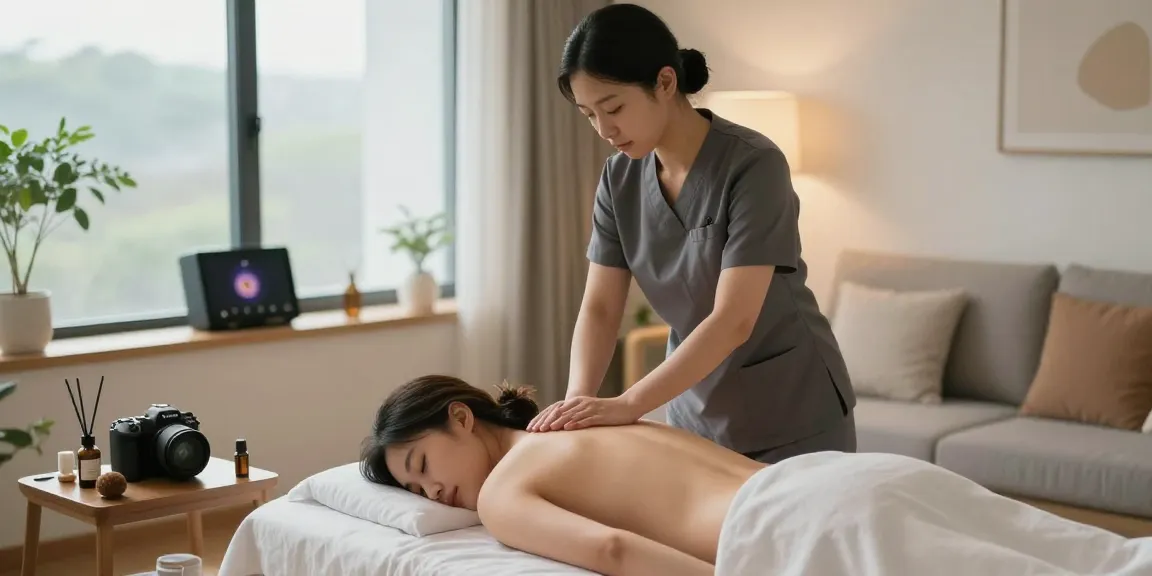 Relaxing living room massage scene with therapist providing 왕십리출장마사지 therapy.