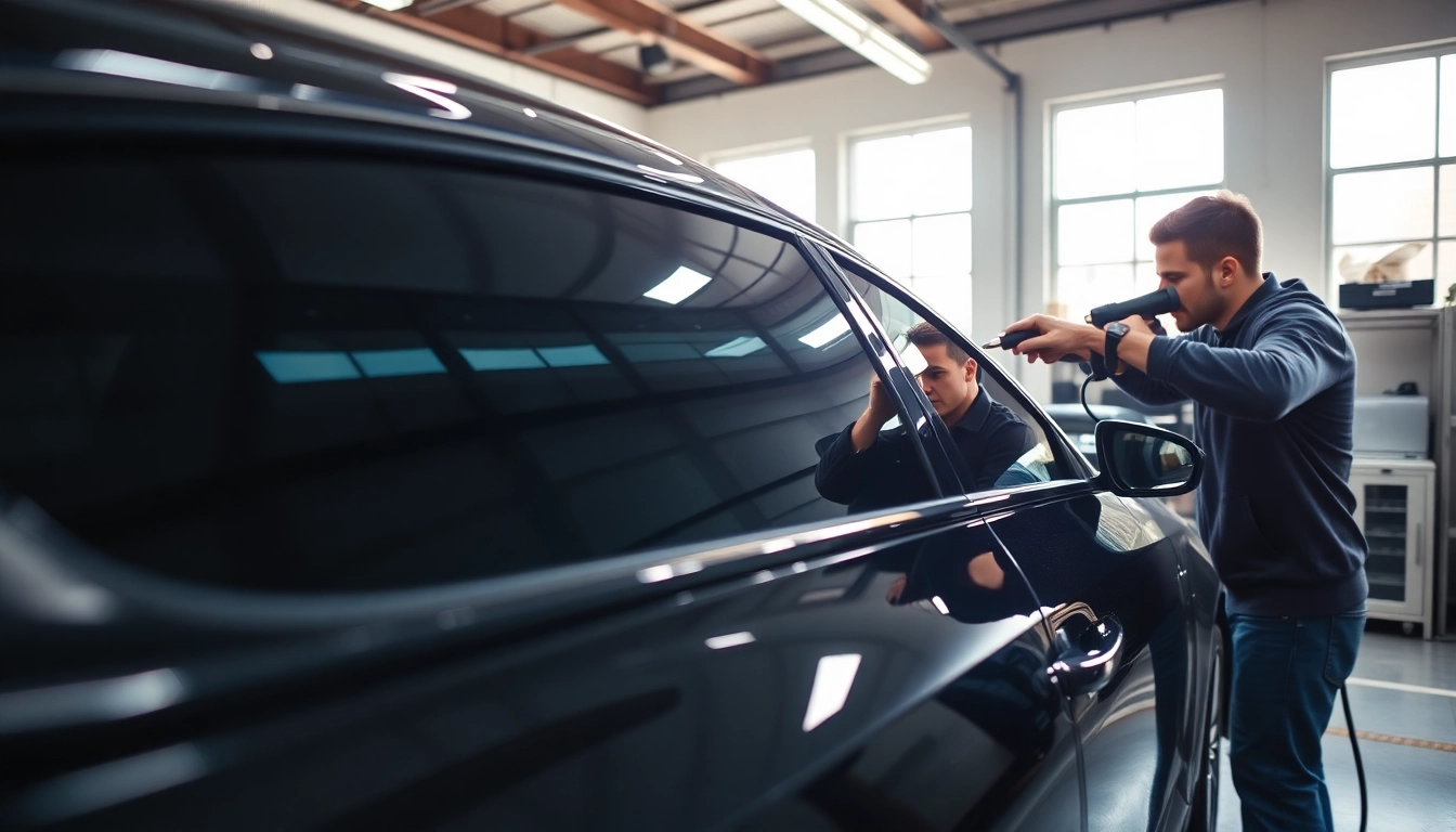 Apply auto window tint near me effortlessly while a technician works on a sleek vehicle.