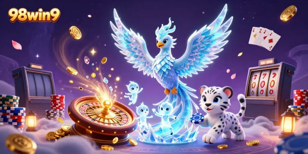 Discover thrilling gaming at 98win9 with colorful characters, cascading coins, and a vibrant atmosphere.