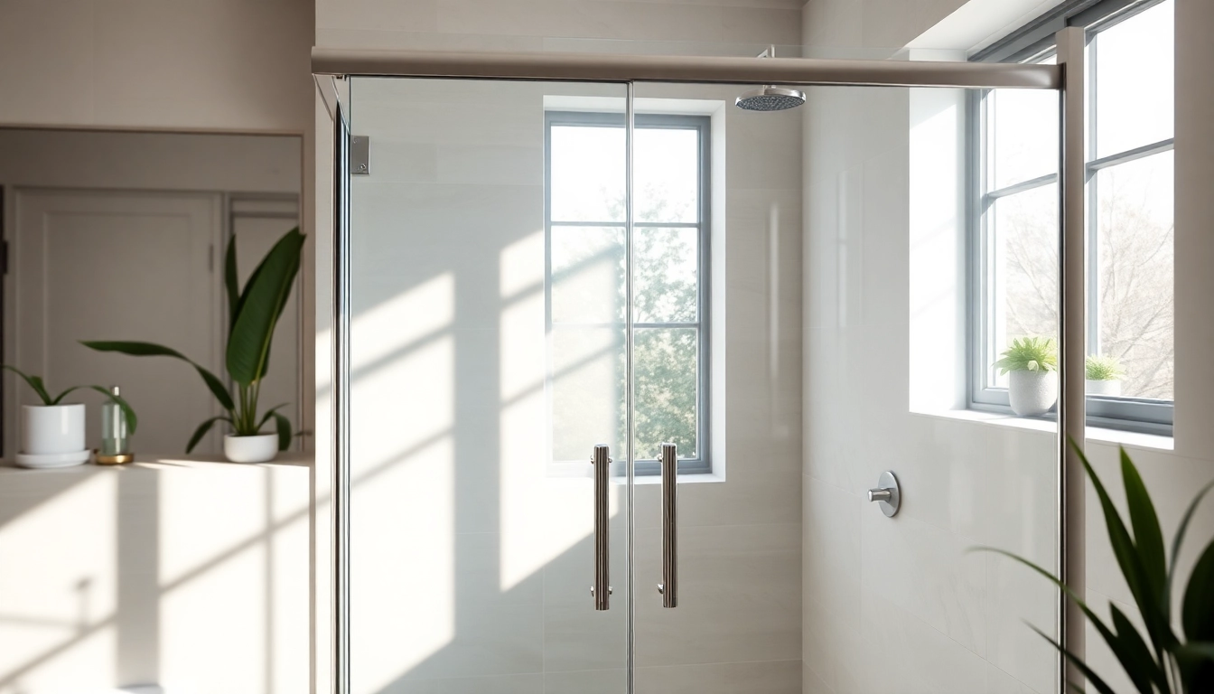 Showcasing sliding shower doors with elegant glass design and chrome fittings.