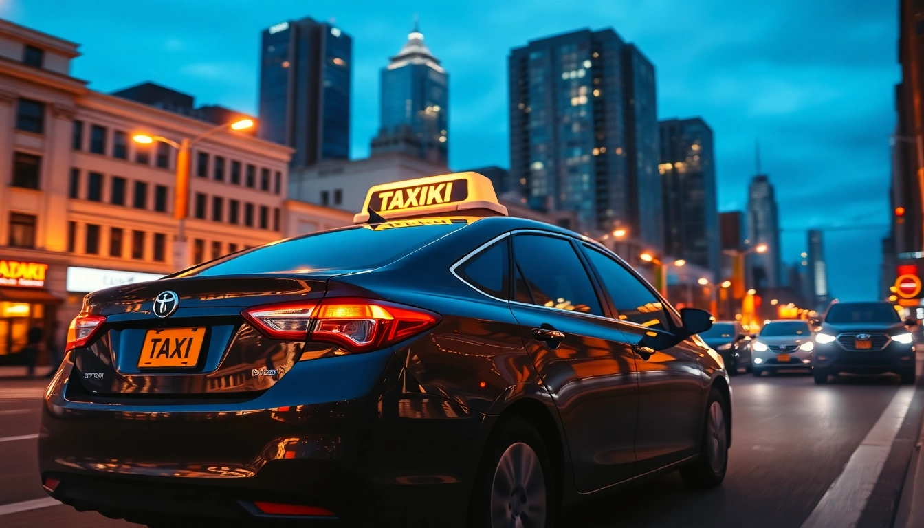 Taxi in a busy urban setting with illuminated fare signs highlighting its modern design.