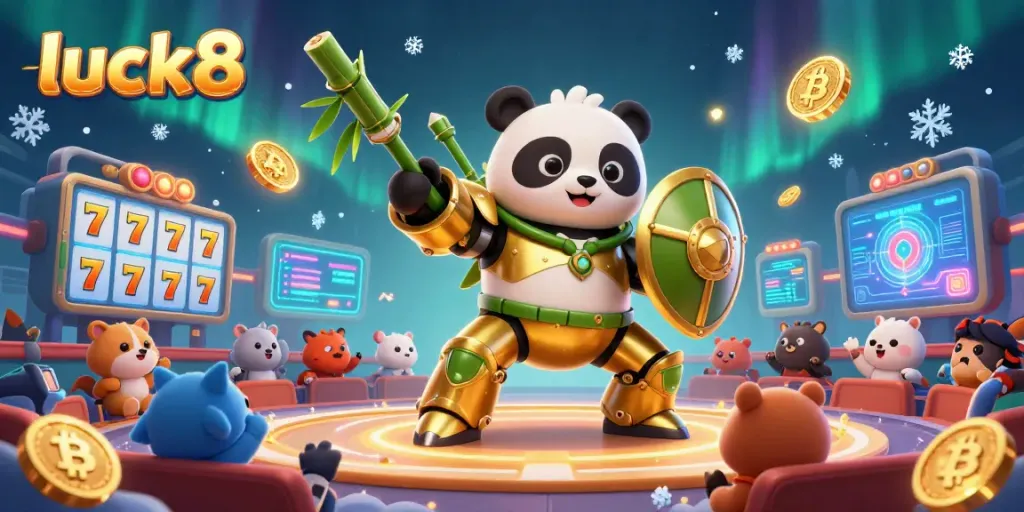 Experience thrilling jackpots at luck8 with a vibrant scene of a golden panda fighting robot surrounded by slot elements.