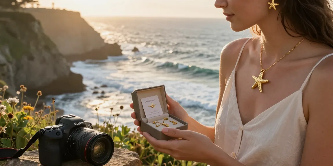Discover sustainable jewellery gifts at sunset with a woman at the coast, surrounded by nature.