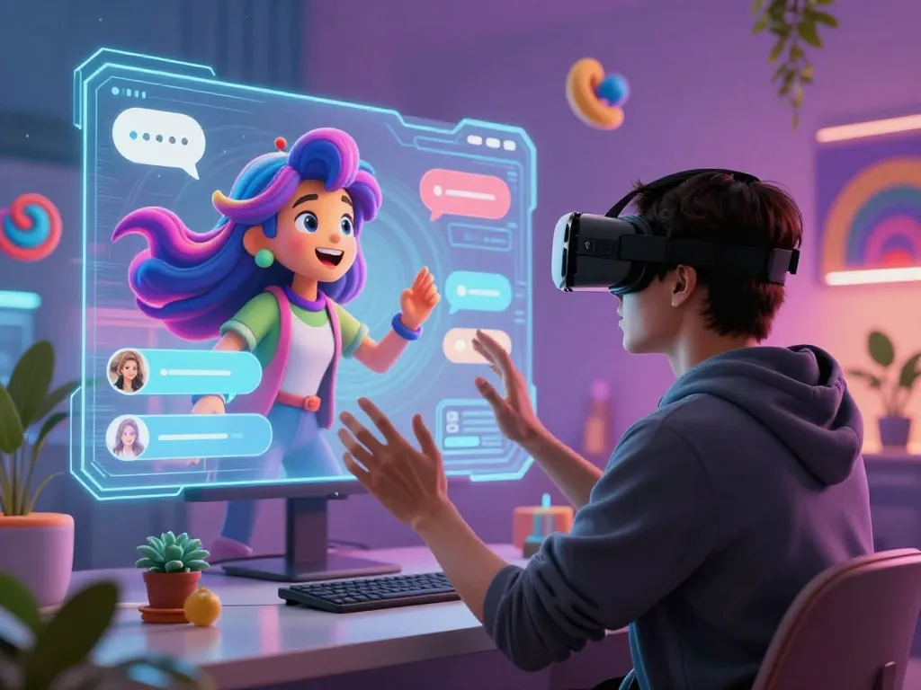 Engaging user in spicy AI conversation within a vibrant virtual reality chatroom.